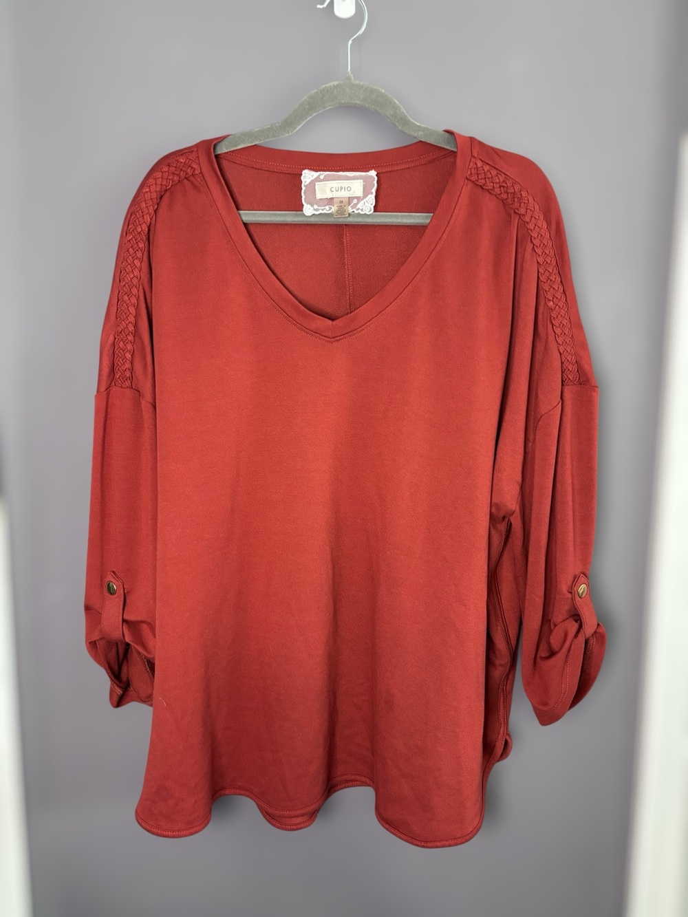 Cupio Terracotta V Neck Braided Shoulder Top 2X